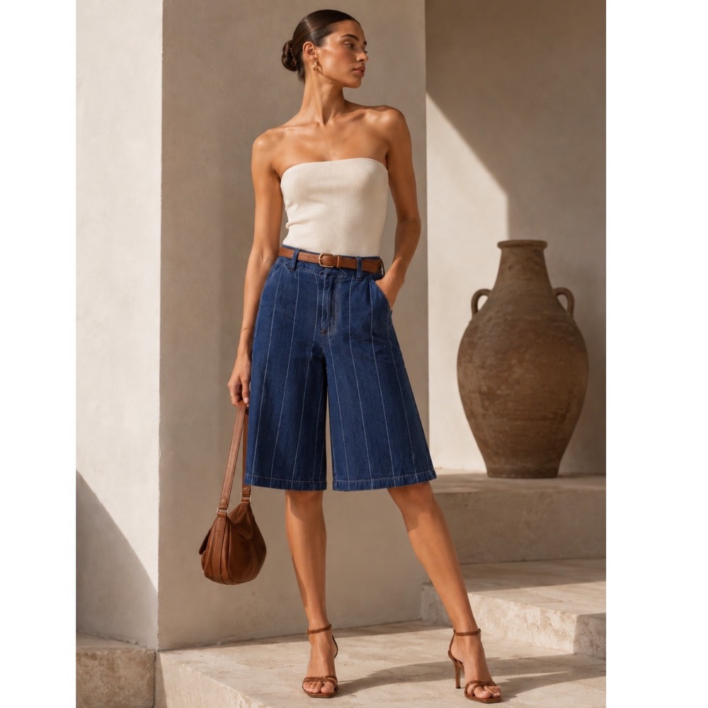 Moussy Denim Culottes Women XS High Rise Wide Leg Shorts Indigo Chalk Stripe‎